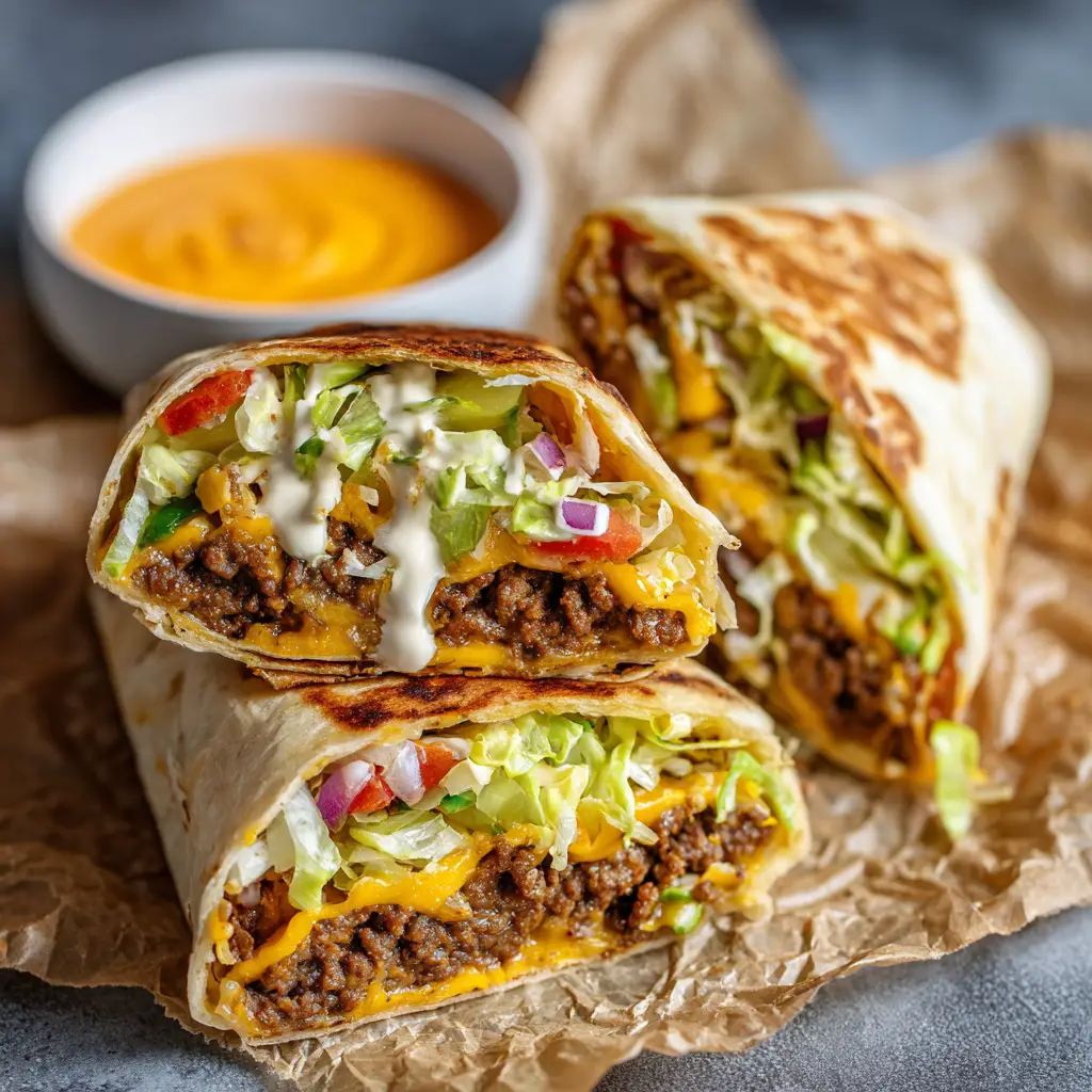 Big Mac Wraps (The Ultimate Copycat Recipe) 1 An overhead view of prepared Big Mac Wraps ready to be served, garnished with sesame seeds on a toasted tortilla.