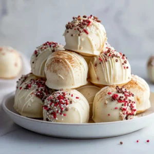 Gingerbread Truffles: The Easiest No-Bake Holiday Treat 4 A close-up of several white chocolate gingerbread truffles on a white plate, showcasing their creamy coating and festive sprinkles.