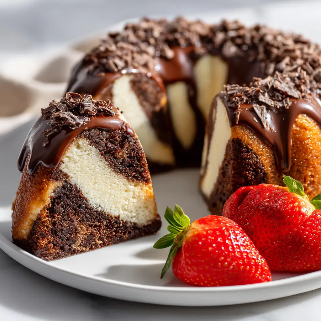 The full Chocolate Swirl Mousse Bundt Cake on a cake stand, showcasing its beautiful shape and rich chocolate exterior before being sliced.