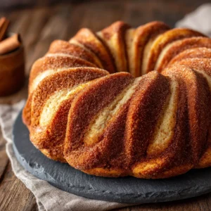 Cinnamon Swirl Sour Cream Bundt Cake: A Moist & Delicious Recipe 4 A whole Cinnamon Swirl Sour Cream Bundt Cake on a wooden cake stand, lightly dusted with powdered sugar, showcasing its elegant shape.