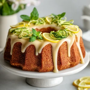 Lemon Zucchini Bundt Cake (The Ultimate Moist & Zesty Recipe) 3 A whole lemon zucchini bundt cake sitting on a wooden serving platter, ready to be sliced. The cake has a golden-brown crust and a visible tender crumb.