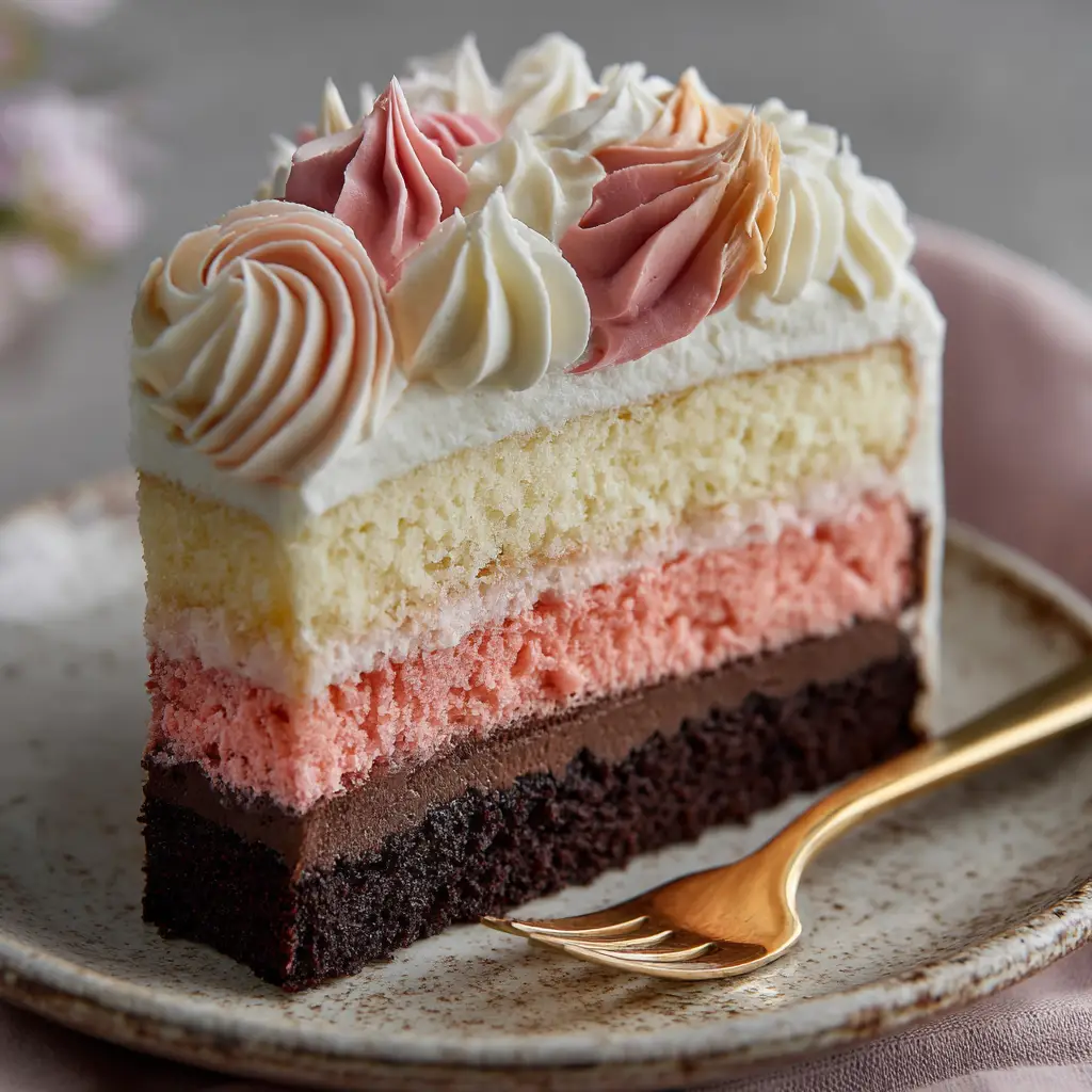 Neapolitan Cake: The Ultimate Recipe for Perfect Layers 1 A whole finished Neapolitan Cake with smooth, tri-color buttercream frosting on a cake stand, ready to be sliced and served.