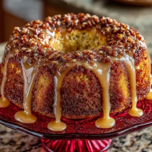 Pecan Zucchini Bundt Cake with Cream Cheese Glaze 4 A whole, golden-brown Pecan Zucchini Bundt Cake fresh out of the oven, cooling on a wire rack before being glazed. The intricate shape of the bundt pan is clearly visible.