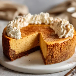 Pumpkin Cheesecake Recipe: Your Guide to Creamy, Crack-Free Perfection 4 A whole homemade pumpkin cheesecake with one slice removed, showcasing its smooth, crack-free top and rich orange color.