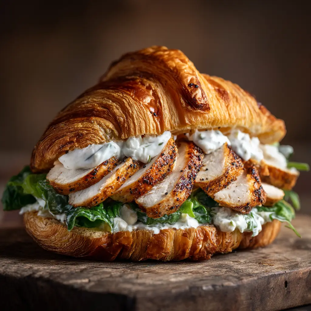 Chicken Caesar Croissant Sandwich: The Ultimate 20-Minute Lunch 1 A close-up side view of a Chicken Caesar Croissant Sandwich, highlighting the golden toasted croissant and generous filling.