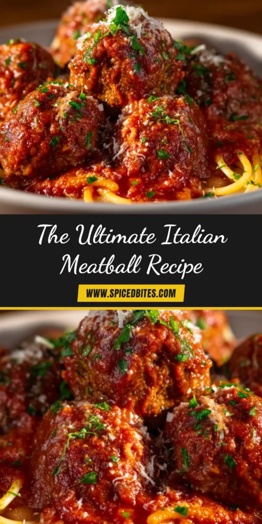 Italian Meatball Recipe: How to Make the Juiciest, Most Flavorful Meatballs 3 A sharable pin image for an authentic Italian meatball recipe, showing juicy meatballs in a rich tomato sauce, ready to be served over spaghetti.