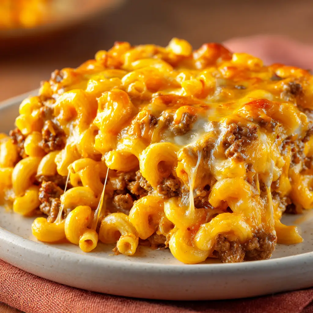 The finished Beef Macaroni Casserole in a baking dish, baked to golden brown perfection and garnished with fresh parsley. A perfect weeknight family dinner.