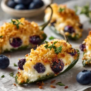 A close-up view of a baked brie stuffed jalapeno popper wrapped in crispy bacon and topped with blueberry sauce. The cheese filling is slightly melted and golden.