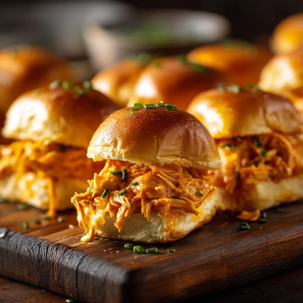 Buffalo Chicken Sliders: The Ultimate Party Food 1 A batch of baked buffalo chicken sliders in a dish, ready to be served for a party or game day.