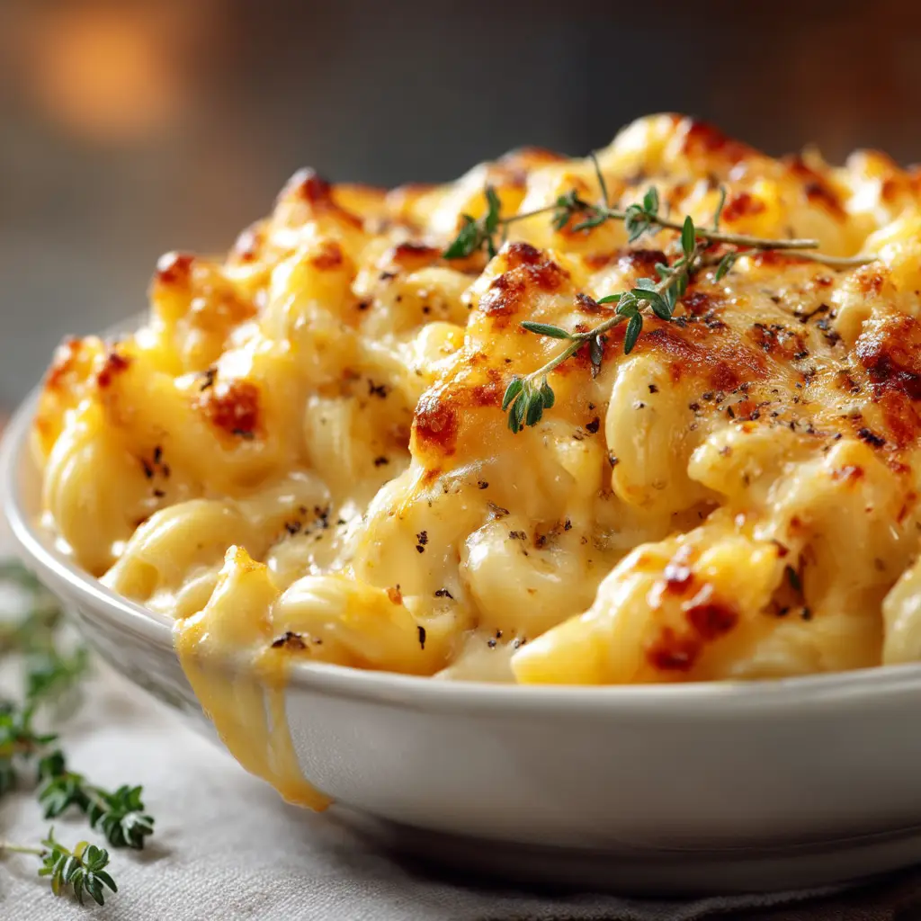 An overhead view of the finished Chick-fil-A mac and cheese recipe in a baking dish, with a golden-brown cheesy crust.