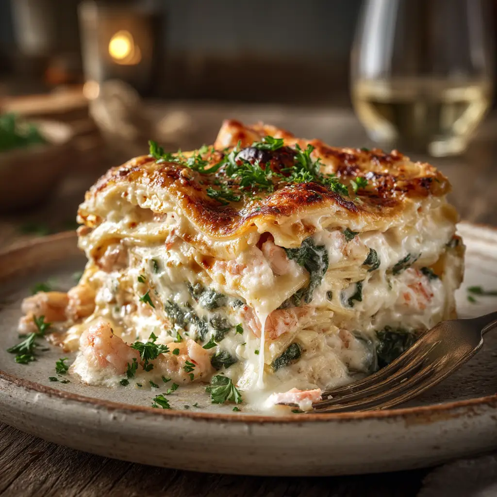 Seafood Lasagna: The Ultimate Creamy & Decadent Recipe 1 A full 9x13 baking dish of homemade seafood lasagna, fresh out of the oven with a golden brown, bubbly cheese topping.