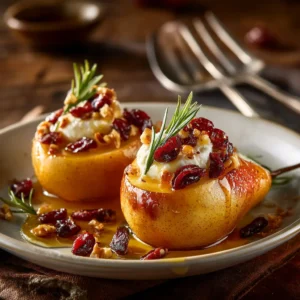 Baked Pears: The Perfect Easy & Elegant Dessert 4 A close-up view of two baked pear halves on a plate, topped with a scoop of vanilla ice cream and a sprinkle of cinnamon. This highlights a delicious serving suggestion for the baked pear dessert.
