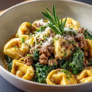 Beef and Spinach Tortellini: A 30-Minute One-Pan Meal 4 An extreme close-up of a forkful of beef and spinach tortellini, showing the creamy tomato sauce and wilted spinach.