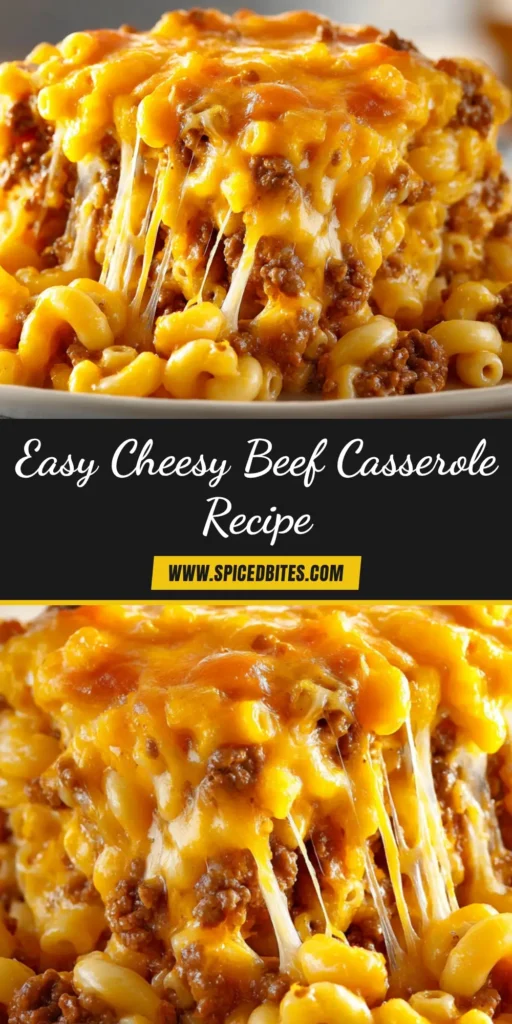 A close-up shot of a serving of cheesy Beef Macaroni Casserole on a white plate, highlighting the melted cheese and rich meat sauce. The perfect comfort food recipe.