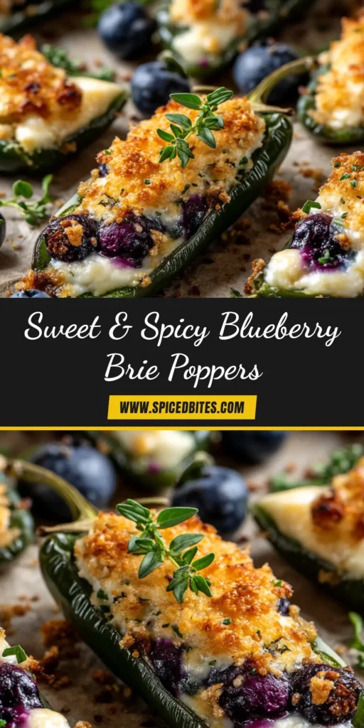 A platter of baked Blueberry Brie Jalapeno Poppers, drizzled with a vibrant blueberry sauce and garnished with fresh herbs. The poppers are golden-brown and wrapped in crispy bacon.