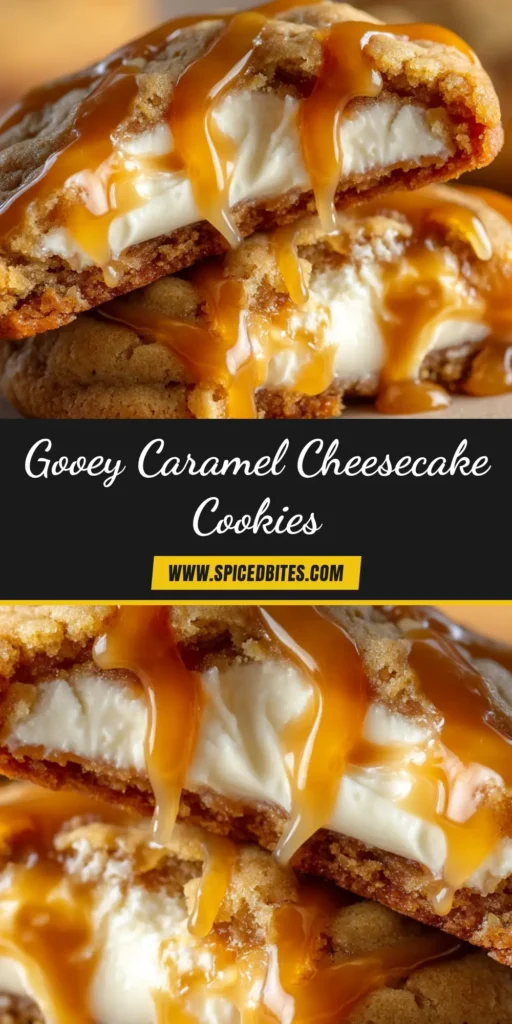 Caramel Cheesecake Cookies: The Ultimate Gooey-Centered Treat 3 An overhead shot of decadent Caramel Cheesecake Cookies on a wooden board. One cookie is broken in half, revealing a gooey caramel and creamy cheesecake center.