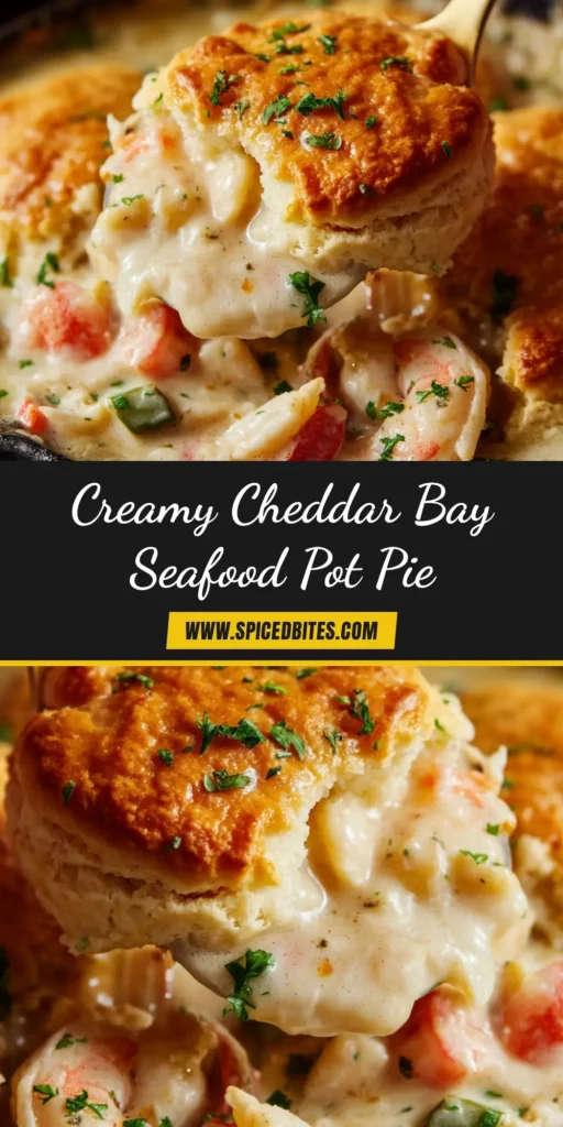 Cheddar Bay Biscuit Seafood Pot Pie: The Ultimate Comfort Meal 3 A delicious Cheddar Bay Biscuit Seafood Pot Pie in a cast-iron skillet, with a golden-brown cheesy biscuit topping and creamy seafood filling visible.