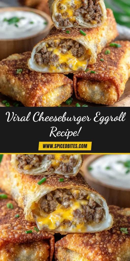 Cheeseburger Eggrolls: The Ultimate Crispy Appetizer 4 A platter of crispy, golden-brown Cheeseburger Eggrolls served with a creamy dipping sauce. A perfect appetizer for any party.