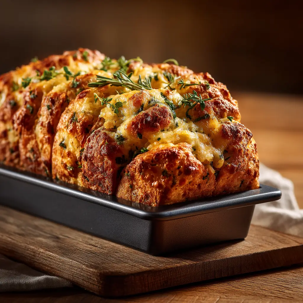 Cheesy Herb Bread (The Ultimate Guide to Gooey Perfection) 1 A hand pulling a piece of cheesy herb pull-apart bread, revealing a satisfyingly gooey cheese pull.