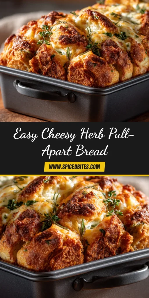 Cheesy Herb Bread (The Ultimate Guide to Gooey Perfection) 3 A golden-brown loaf of pull-apart Cheesy Herb Bread on a wooden board, with gooey cheese stretching from a piece being pulled away.
