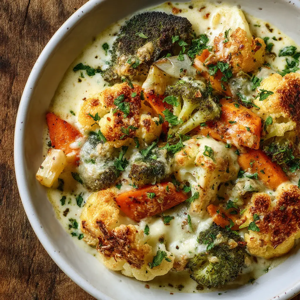 A spoonful of the cheesy root vegetable gratin being lifted from the baking dish, showing a creamy and delicious texture.