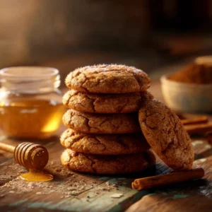 A close-up shot of a stack of chewy salted honey cinnamon cookies on a rustic surface, highlighting the cracks and flaky salt on top.