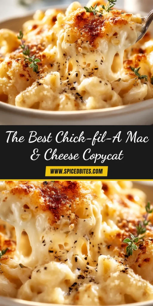 A close-up shot of a white bowl filled with creamy, baked Chick-fil-A mac and cheese recipe, with a fork lifting a cheesy scoop.