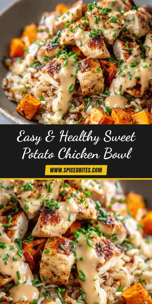 Chicken and Sweet Potato Rice Bowl: Your New Weeknight Favorite 3 An overhead shot of a delicious Chicken and Sweet Potato Rice Bowl, perfect for Pinterest. The bowl is filled with rice, roasted chicken, sweet potatoes, black beans, corn, and avocado, drizzled with a vibrant sauce.