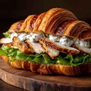 Chicken Caesar Croissant Sandwich: The Ultimate 20-Minute Lunch 4 An extreme close-up of the Chicken Caesar Croissant Sandwich filling, showing the texture of the shredded chicken, romaine lettuce, and creamy dressing.