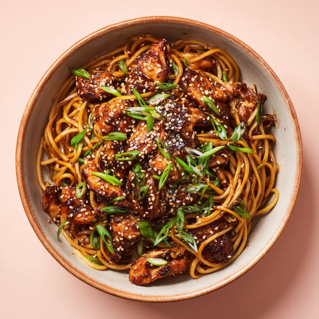 Chicken Teriyaki Noodles (30-Minute Recipe) 1 A detailed close-up of the chicken and noodles coated in a glossy homemade teriyaki sauce.