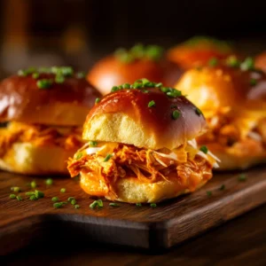 Buffalo Chicken Sliders: The Ultimate Party Food 3 A close-up shot of a gooey, cheesy buffalo chicken slider being pulled apart, showing the tender shredded chicken filling.
