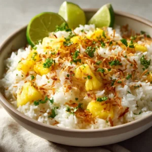 Coconut Pineapple Rice: A Perfect Tropical Side Dish 3 A close-up shot of a spoonful of creamy coconut pineapple rice, showing the individual grains of jasmine rice and chunks of pineapple.