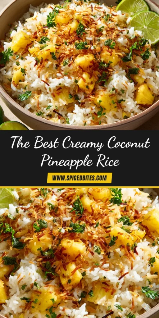 Coconut Pineapple Rice: A Perfect Tropical Side Dish 4 A top-down view of a white bowl filled with fluffy Coconut Pineapple Rice, garnished with fresh cilantro and toasted coconut flakes. A lime wedge sits on the side.