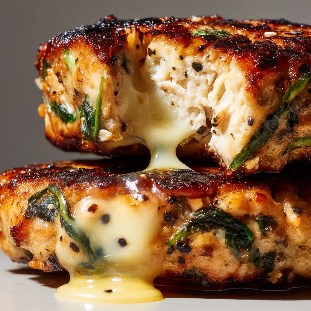 Two thick, grilled white cheddar and spinach chicken burger patties resting side-by-side, showcasing their perfectly cooked interior and texture.