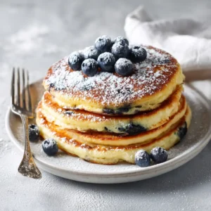 A close-up shot of fluffy buttermilk pancakes filled with blueberries being cooked on a hot griddle, with bubbles forming on the surface, ready to be flipped.