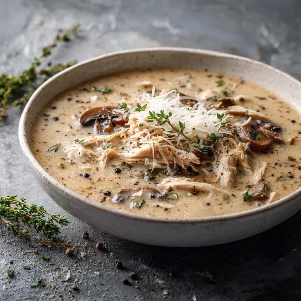 Searing sliced cremini mushrooms in a Dutch oven, a key step in developing flavor for the creamy chicken soup recipe.