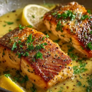 Pan-Seared Salmon (Perfectly Crispy Skin in 10 Minutes!) 4 Two pan-seared salmon fillets resting in a cast-iron skillet, showcasing their perfectly seared golden-brown crust.