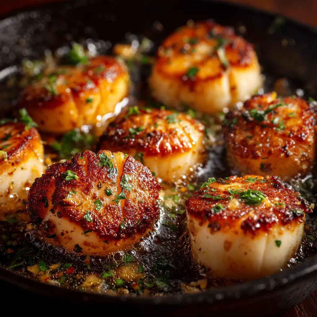 A side view of several seared scallops in a skillet, showing their tender, opaque centers and crispy exteriors in garlic butter sauce.