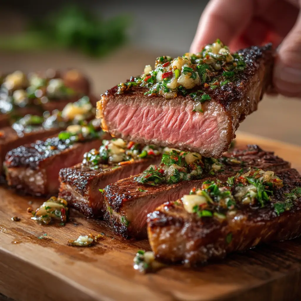 A finished plate of the Cowboy Butter Steak Recipe served with a side of roasted potatoes and asparagus, showing a complete meal.