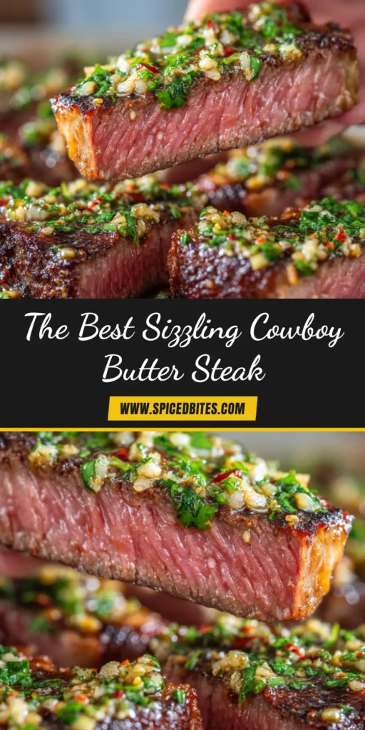 A perfectly cooked sliced steak drizzled with a vibrant cowboy butter sauce. This image showcases the ultimate Cowboy Butter Steak Recipe.