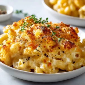 A scoop of creamy baked macaroni and cheese being lifted from a casserole dish, showcasing the cheesy texture of the homemade recipe.
