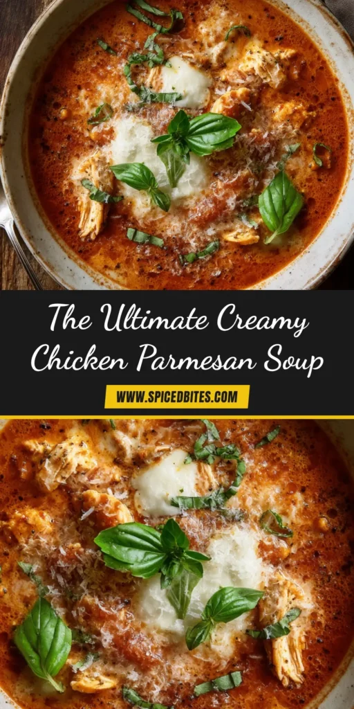A cozy bowl of Creamy Chicken Parmesan Soup, garnished with fresh basil and grated Parmesan cheese. This one-pot recipe is the ultimate comfort food.