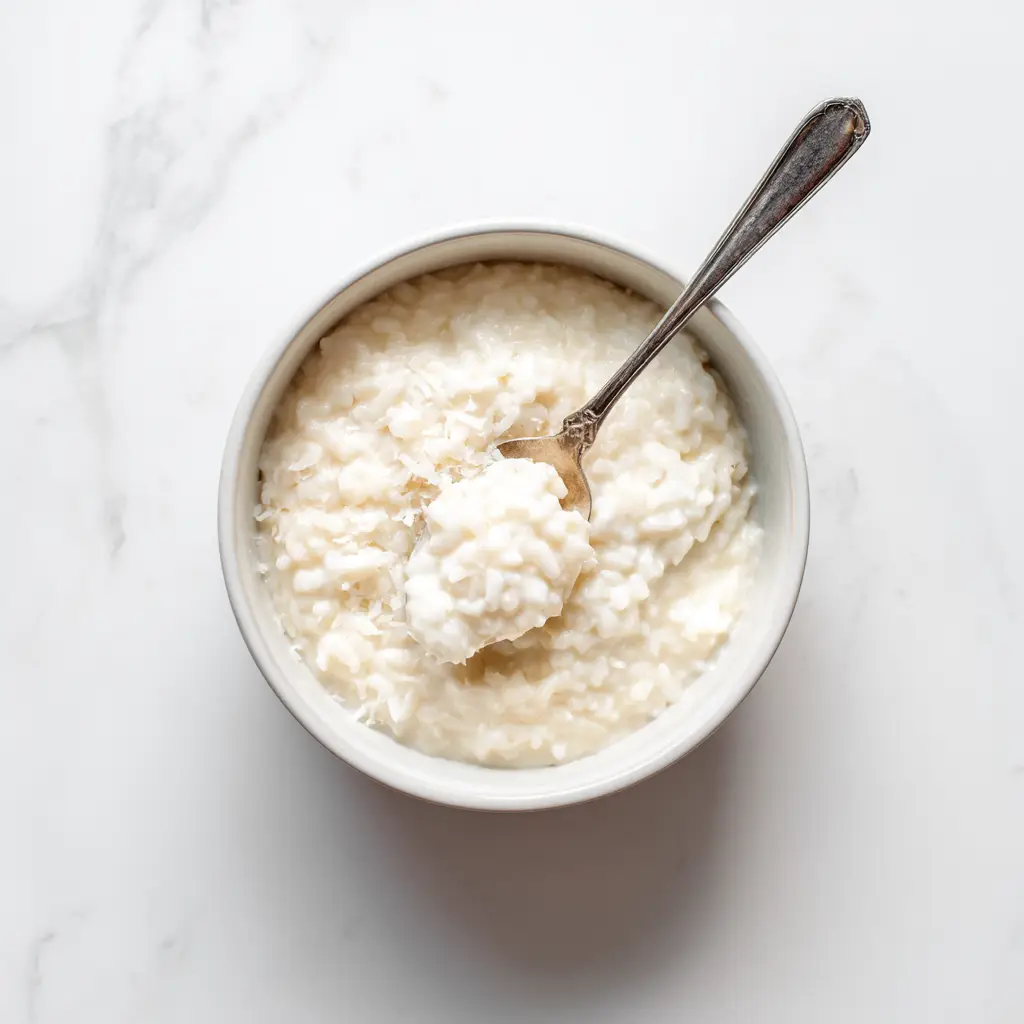 A spoonful of creamy coconut rice pudding being lifted from a bowl, showing off its thick and luscious texture.