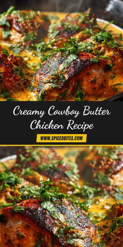 Cowboy Butter Chicken: A Creamy, Flavor-Packed Skillet Dinner 3 An overhead shot of creamy Cowboy Butter Chicken in a cast iron skillet, garnished with fresh herbs. The perfect easy weeknight dinner idea.