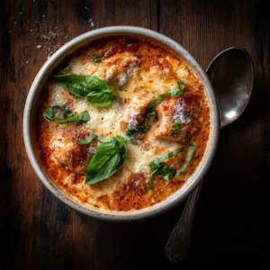 An overhead close-up shot of a rustic white bowl filled with creamy Italian chicken soup, showcasing tender chicken pieces in a rich tomato broth.