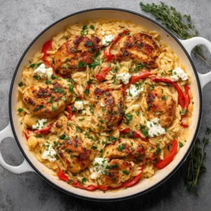 A close-up shot of the creamy lemon chicken orzo in a skillet, showing the melted feta and wilted spinach.