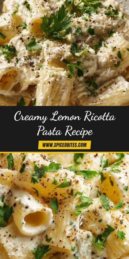 A stunning overhead shot of creamy Lemon Ricotta Pasta in a white bowl, garnished with fresh basil and lemon zest. A perfect pin to showcase this easy recipe.