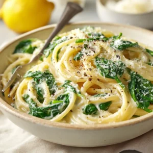 Lemon Ricotta Spaghetti: The Ultimate Creamy Pasta Recipe 4 A close-up view of the creamy lemon pasta sauce clinging to strands of spaghetti in a rustic bowl. The texture of the ricotta sauce is clearly visible.
