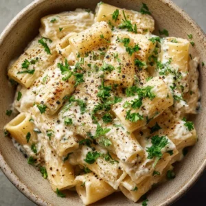 An extreme close-up of pasta coated in a luscious, creamy lemon ricotta sauce, highlighting its smooth texture and fresh basil garnish.