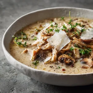 A cozy, rustic setting featuring a bowl of homemade chicken mushroom soup with a creamy broth and fresh herbs.